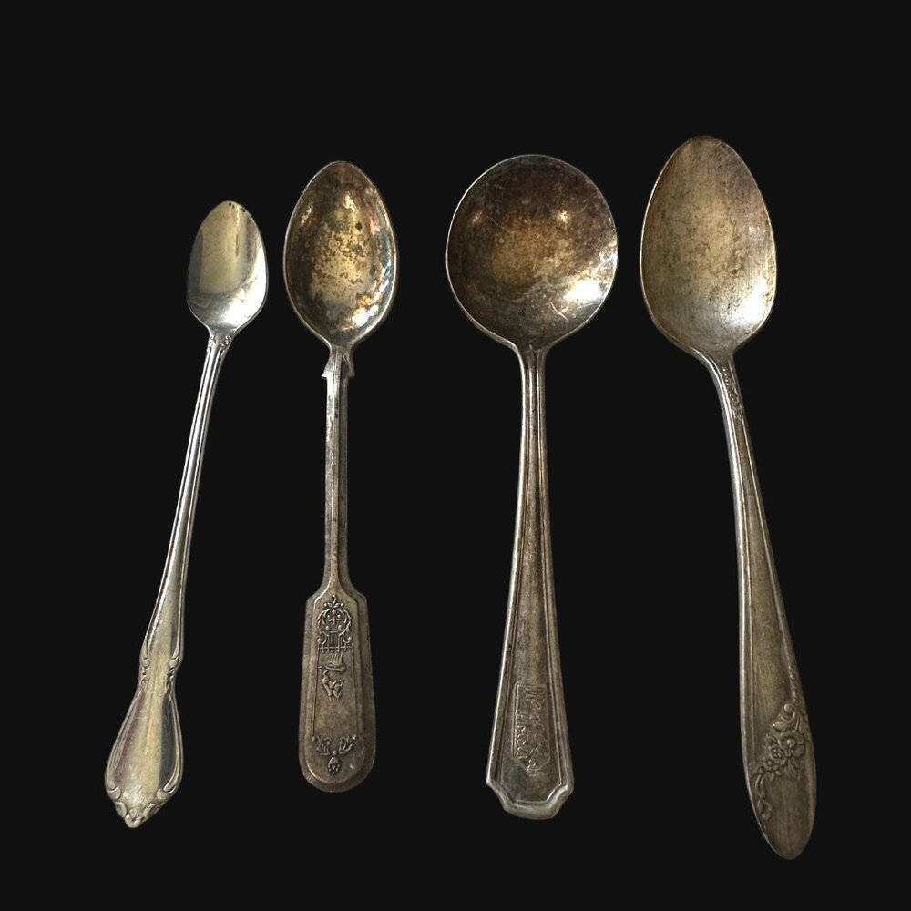 Vintage set of 4 spoons 6 inch length 3 plated 1 stainless 2 Oneida